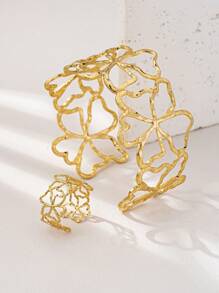 1Set Fashionable 3D Clover Hollow Geometric Pattern Bracelet And Ring Accessories