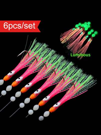 6pcs/ Set Luminous Squid String Lure Hooks, Glow Trolling Octopus Squid Skirt Bait