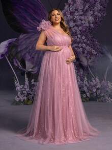 Faeriesty Vestido de gala Dressalisa Plus de lujo con hombros con relieve floral 3D, elegante para sesiones de fotos para madres embarazadas (eventos formales de primavera/verano y baby shower, falda de tul y lentejuelas etérea) - Rosa vieja - Ver 7