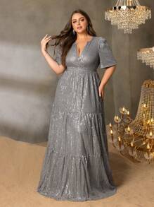 Faeriesty Curve Plus 优雅大码礼服：迷人的深 V 领口、优雅的短袖和塑形 A 字裙 - 非常适合盛大婚礼、华丽庆典、著名颁奖典礼、慈善晚会、歌剧开幕式