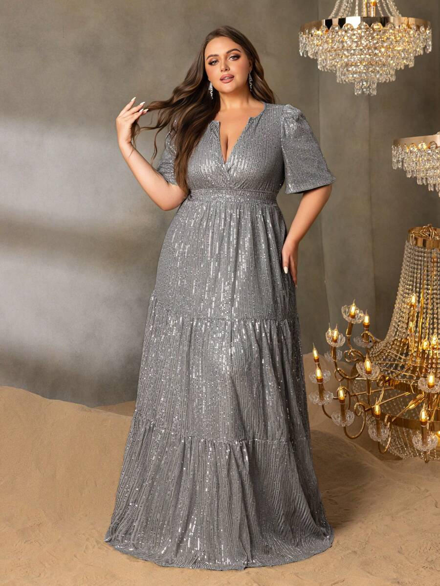 Faeriesty Curve Plus 优雅大码礼服：迷人的深 V 领口、优雅的短袖和塑形 A 字裙 - 非常适合盛大婚礼、华丽庆典、著名颁奖典礼、慈善晚会、歌剧开幕式