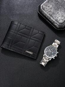 2pcs Men's Watch Set, Casual Versatile Business Formal Fashion Stainless Steel Dress Watch + Wallet, Suitable As A Perfect Birthday, Christmas Gift For Him