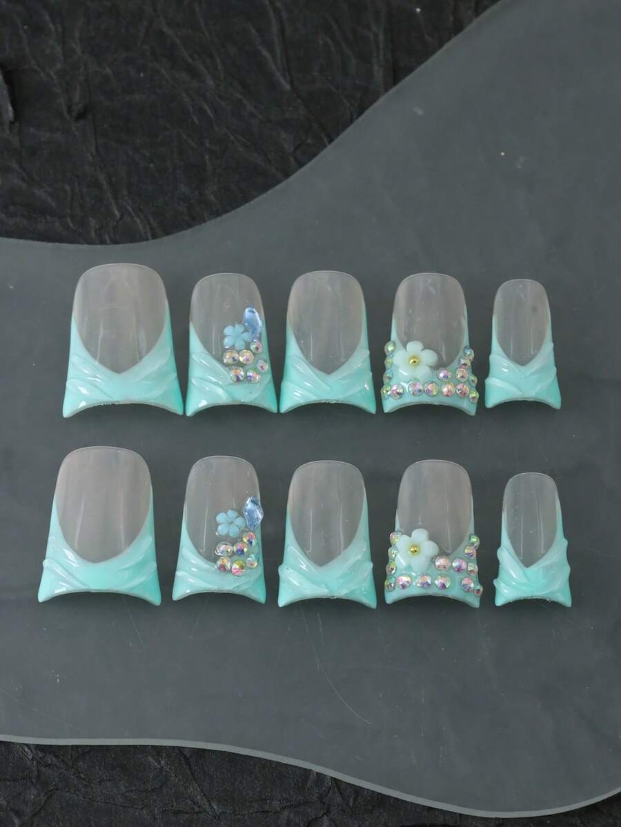 CrystalHola Valentine's Day 10 Pcs Handmade Fake Nail Press On Nail ,Mint Green Duck Nails,Short Nail, Pink Valentine Nails ,Acrylic Nail Kit 3D Rhinestone Glitter Shiny Artificial Gems,Bow,Y2K,Leopard Print, Xxoo,Nail Stickers, Sophisticated Look ,Wedding Nails, Charm Nails French Tip Nail Design Nail Art Suitable For Daily Wear ,Ideal Gift DIY Beauty Popular Gift Spring&Summer - 彩色 - 查看 1