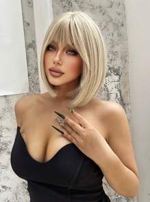 1 Synthetic Heat-Resistant Wig, White Gold Short Wig With Bangs, 10 Inches Long, Fully Machine Woven, Natural And Realistic Wig For Daily Use
