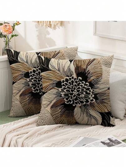 2 peças Capas de Almofada Floral de Dália de Estilo Fazenda, 45,72 x 45,72 cm - Padrão Abstrato Preto e Marrom, Veludo Aveludado de Pele de Pêssego com Zíper, Impressão Única para Decoração Doméstica e Automotiva, Almofadas Decorativas