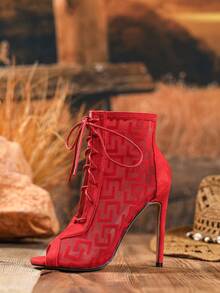 2025 秋冬性感时尚红色网眼露趾 12 厘米细高跟系带休闲百搭靴夜店靴