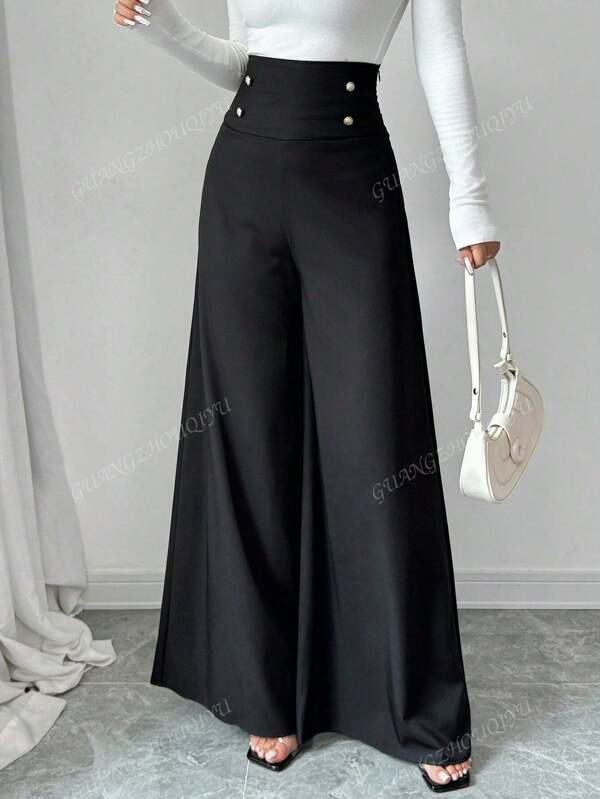 2025 New European & American Style Women's Summer Solid Color Commuter Wide Leg Pants With Button Decor, Casual Loose High Waisted Elegant Trousers, Minimalist Daily Wear