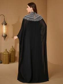 SUPGIR فستان سهرة أنيق من الشيفون بأكمام كيب مزين بالخرز والترتر مقاسات كبيرة للنساء، لون أسود للربيع - الأسود - مشاهدة 2