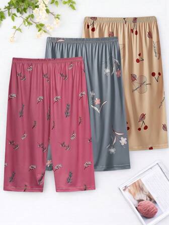 3 Pieces Women's Plus Size Lounge Pajama Pants, Plus Size Floral Print Elastic Waist Loose Loungewear Capri Pants