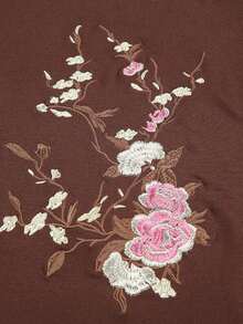 Women's Summer Floral Embroidery Tops Short Sleeve V-Neck Knotted Front Slim Fit T-Shirt Streetwear - Cà phê nâu - Xem 10