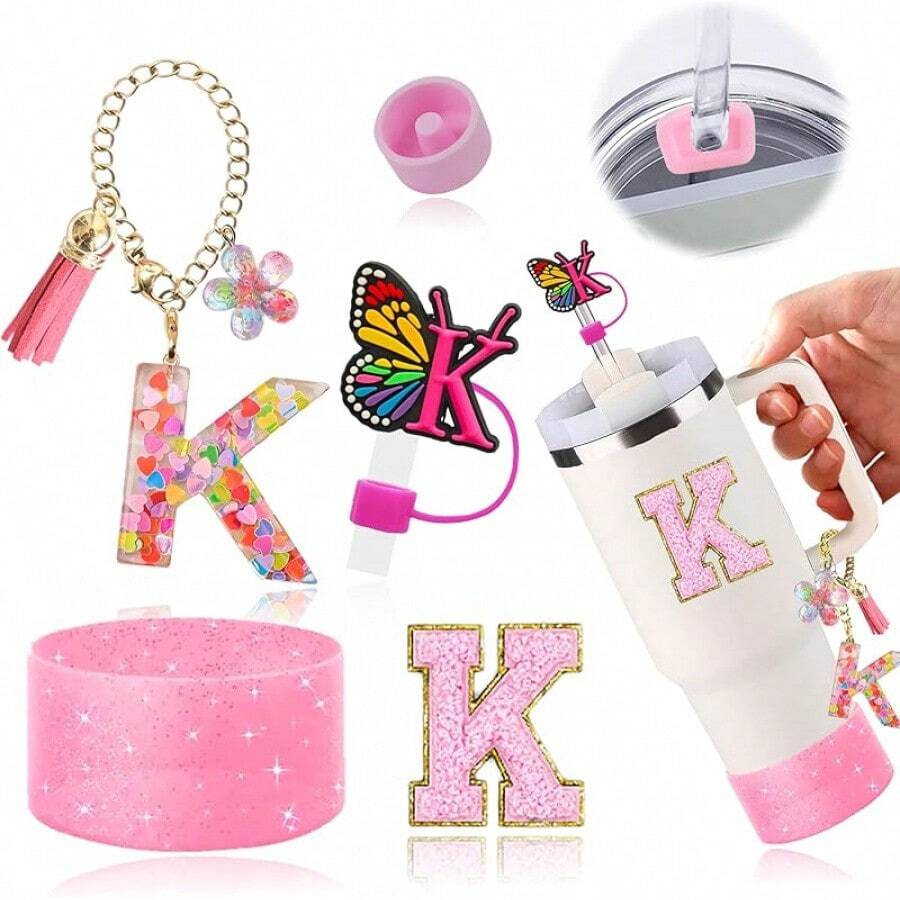 Set de 6 accesorios para vasos de 30oz y 40oz, compatible con taza , incluye encantos de letra para el asa, funda de silicona, tapa para el sorbete y pegatina (letra S) - Letra K - Ver 1