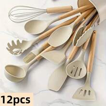 12-Piece Luxury Silicone Kitchen Cooking Utensils Set With Wooden Handles, Egg Beater, Brush Pliers, Heat-Resistant And Non-Stick Cookware, Essential Kitchen Small Tools, Healthy, Khaki Color - Màu Khaki - Xem 1