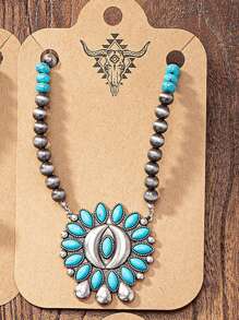 1 pieza Collar con colgante de cruz de piedra de turquesa azul y perlas falsas, collares occidentales joyería para mujer