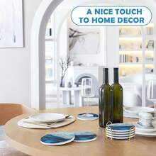 Juego de 4 posavasos de estilo de mármol de cerámica absorbente con soporte de metal dorado para protección de mesa, decoración del hogar, regalo para el Día del Padre, color blanco, redondo, 4 pulgadas marca - Azul - Ver 4