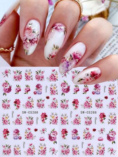2PCS Pink Rose Flower Nail Stickers For Nails Art Flower Vine Elegant Designs French Manicure Nail Art Decoration 3D Self Adhesive Slider For Women Girl Daily Wedding Nail Supplies
