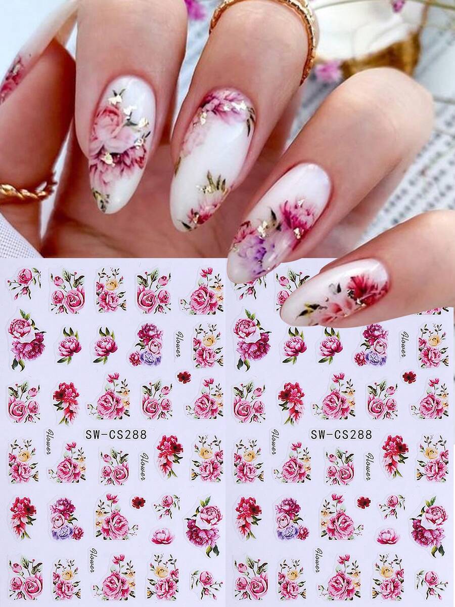 2片粉色玫瑰美甲贴纸，适用于美甲，花卉图案，优雅设计，法式美甲装饰，3D自粘滑块，适合女性、女孩日常及婚礼美甲护理产品及美甲用品 - 彩色 - 查看 1