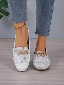 Women's Spring & Autumn New Snake Skin Rhinestone Gold Chain Flat Loafers, Fashionable Casual Versatile - Silver - View 1