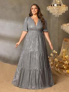 Faeriesty Curve Plus 优雅大码礼服：迷人的深 V 领口、优雅的短袖和塑形 A 字裙 - 非常适合盛大婚礼、华丽庆典、著名颁奖典礼、慈善晚会、歌剧开幕式