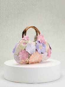 1 件 Sculptedstyle 多色花卉图案装饰亚麻面料时尚网眼刺绣褶皱手提包，复古竹制手柄，适合优雅长裙、波西米亚风格连衣裙（随机花卉图案） - 米色 - 查看 4