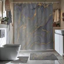 1/4 Stück Grau & Gold Marmor Thema Badezimmer Set beinhaltet Duschvorhang, Badematte, U-förmige Toilettenvorlage, Toilettendeckelabdeckung, wasserdicht, Badezimmerdekoration, moderner Stil Badezimmervorhang, ohne Bohren erforderlich, Polyester, maschinenwaschbar Badezimmerzubehör Schulanfang