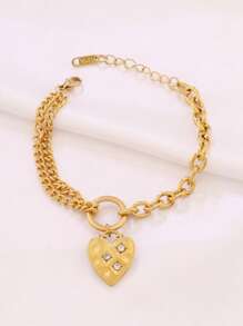 1 pièce Bracelet pendant cœur en acier inoxydable pour femmes, design de mode avec charms en zircone, chaîne de bracelet étanche, bijoux