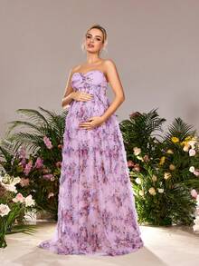 Faeriesty Dressalisa 优雅孕妇吊带褶饰紧身胸衣花卉贴花网眼超大薄纱裙连衣裙，适合夏春场合（婚礼嘉宾、正式晚宴、花园派对、孕妇写真、晚会） - 淡紫色 - 查看 5
