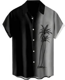 Men's Short Sleeve Button Up Hawaiian Shirt 1950s Vintage Bowling Shirtshalloween - 夏威夷漸層灰 - 查看 1