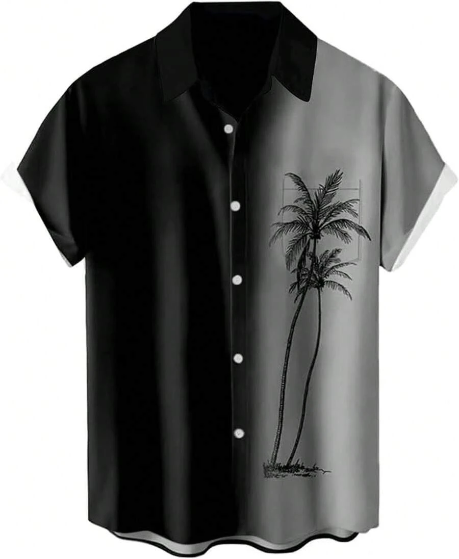 Men's Short Sleeve Button Up Hawaiian Shirt 1950s Vintage Bowling Shirtshalloween - 夏威夷漸層灰 - 查看 1