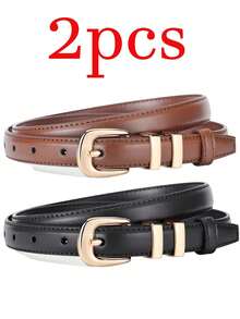 2 件女士简约高端金扣腰带，学生腰带韩版牛仔裤日常搭配，休闲纯色 PU 皮带，适合所有季节 - 彩色 - 查看 6