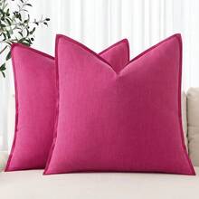 Local Delivery- Decorative Linen Pillow Covers 18x18 Inch Natural Beige ​Boho Farmhouse​ ​Neutral Couch Throw Pillows For Bed Pack Of 2 Accent Outdoor Pillowcase Modern Sofa Cushion Livingroom Home Decor - 玫紅色 - 查看 1