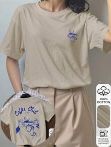 Coffee Club 印花夏季女士休闲时尚100%纯棉短袖上衣，图案T恤，柔软面料，棉质服装，户外上衣，印花图案，夏季T恤，女士T恤，上衣，夏季衬衫，度假装，旅行服，沙滩风，简约度假服饰 - 灰色 - 查看 4