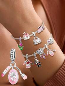 1 件时尚 925 纯银黑色香水口红吊坠女士手链手镯 DIY 珠宝制作和日常服装搭配珠宝装饰适合女孩 - 銀色 - 查看 3