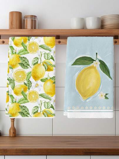 2 Pcs Yellow Plaid And Watercolor Fruit Pattern Kitchen Towels Lemon Print Dish Towels Kitchen Decorative Washing And Drying Dishes