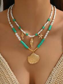 1 件优雅时尚女士夏季海洋元素波西米亚珠宝项链，金海星，小鱼，贝壳，海螺，人造珍珠镶嵌，天然贝壳 DIY 串珠，红珊瑚，树脂吊坠，陶瓷彩绘小鱼，精致多层女士项链，适合海滩、派对佩戴。 - 彩色 - 查看 5