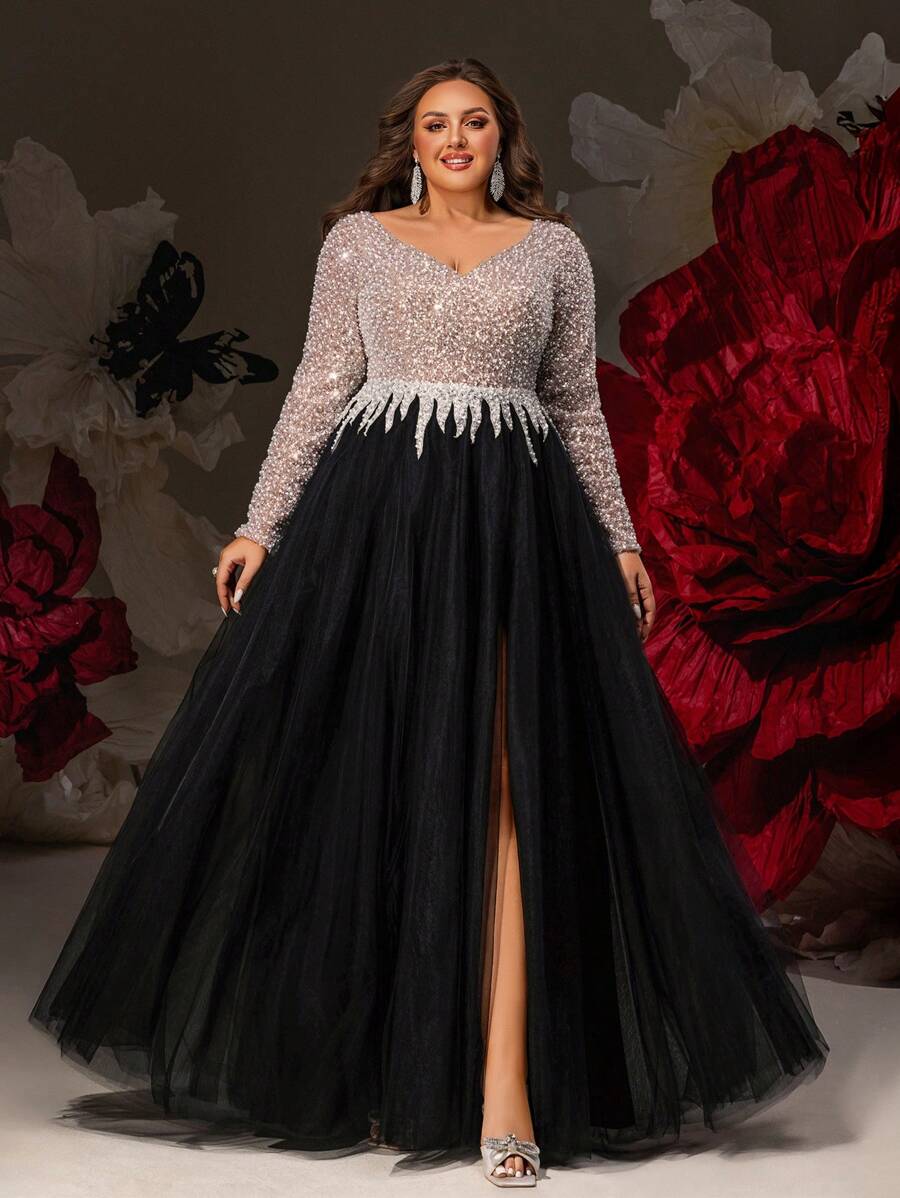 VIPGIRL Abendkleid in Große Größen mit langen Ärmeln und Glitzer, bodenlanges schwarzes Tüllkleid mit paillettenbesetztem Oberteil, elegantes Abendkleid für Frauen mit V-Ausschnitt, Abiball-Kleid mit Schlitz, funkelndes Partykleid für Gala & Hochzeitsgäste