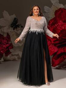 VIPGIRL Abendkleid in Große Größen mit langen Ärmeln und Glitzer, bodenlanges schwarzes Tüllkleid mit paillettenbesetztem Oberteil, elegantes Abendkleid für Frauen mit V-Ausschnitt, Abiball-Kleid mit Schlitz, funkelndes Partykleid für Gala & Hochzeitsgäste