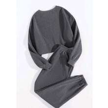 CUTE Conjunto de dos piezas de suéter de cuello redondo de unicolor de manga y pantalones largos de punto, casual, para otoño/invierno - Gris - Ver 2