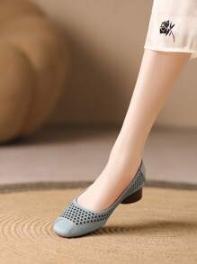 Women Beige High Heel Pumps/Chunky Heel Hollow Breathable Square Toe Slip-On Shoes, Fashion And Elegant