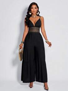 Mono ancho de mujer Amarilo de unicolor, sexy y elegante, con tirantes de encaje