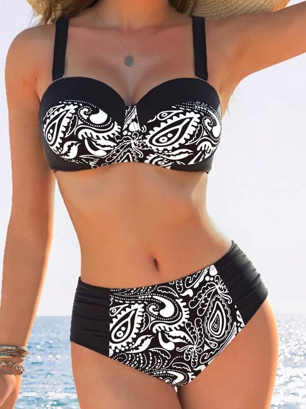 Women'S High Stretch Floral Polyester Bikini Set With Knit Fabric, Two Pieces Swimsuit With Paisley Pattern, Comfort-Fit Beachwear With 82% Polyester And 18% Elastane