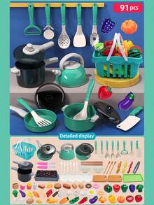 Toddler Small-Size Kitchen Toy Set, Girls Pretend Play Cooking Pots Pans Utensils, Babies Imitate Cutting Fruits Cookware - Green - View 13