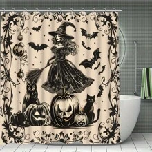 4 Peças Decoração de Cortina de Janela de Bruxa e Abóbora de Halloween, Lindo Presente de Inauguração da Casa, Decoração Moderna para Casa, Cortina de Chuveiro e Tapete de Banheiro À Prova d'Água, Conjunto de 3 Peças com 12 Ganchos de Cortina de Chuveiro, De Volta às Aulas