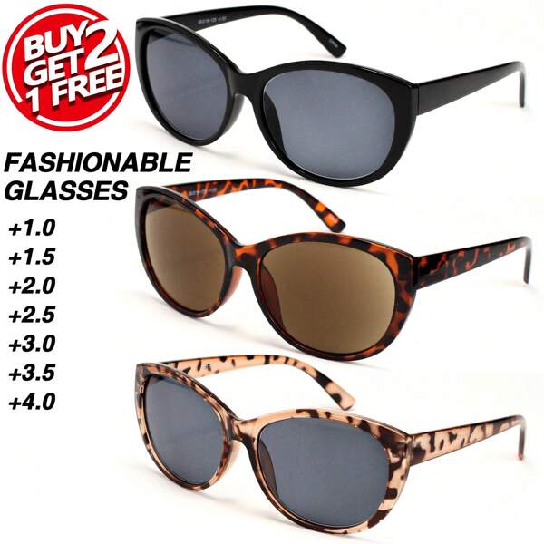 3Pcs Leopard Print Large Frame Reading Glasses, Brown/Gray Lens, Comfortable Unisex Outdoor Readers