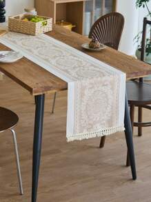 1 Stück Tischläufer im Boho-Stil, beige Blumenstickerei, selbstgemachte Küchen- und Esszimmer-Dekoration, rechteckig mit Quasten, geeignet für Feiertage, Geburtstage, Hochzeiten, Heimdekoration, Fotohintergrund