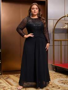 Vestido de noche largo talla grande de cuello redondo de malla con lentejuelas negras - Negro - Ver 1