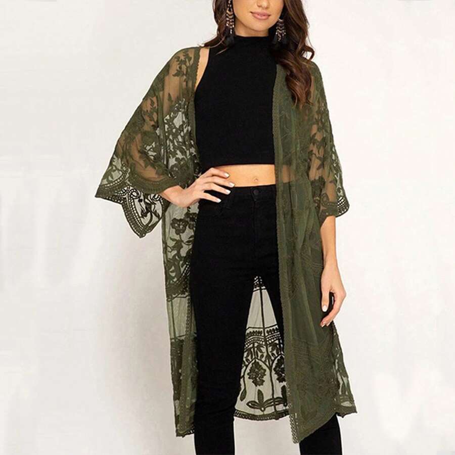 Women Long Flowy Lace Casual Beachwear Mesh Duster Kimono Cardigan, Solid Color 3/4 Sleeve See-Through Crochet Embroidery Flower Swim Cover-Up - Màu xanh lá cây đậm - Xem 1