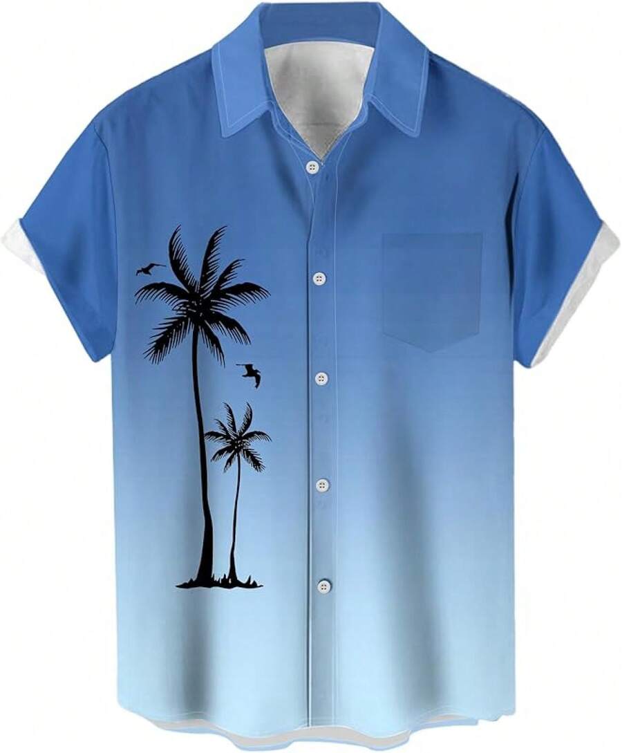 Men's Short Sleeve Button Up Hawaiian Shirt 1950s Vintage Bowling Shirts-20256688 - 漸層藍 淺藍色 - 查看 1