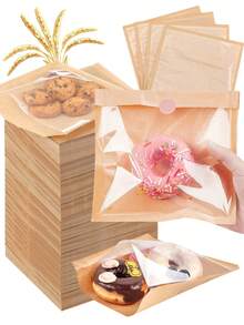 50/100pcs Heat Seal Bakery Bag With Window, Greaseproof Kraft Paper Bread Bag, Suitable For Baking, Egg Sandwiches, Donuts,Bread, Biscuits