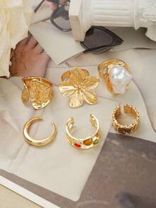 6 件 CCB 夸张性感奢华花朵戒指套装，不对称仿珍珠设计可调节女士戒指，适合日常、派对、婚礼佩戴，可作为送给女友、朋友的珠宝礼物 - 金色4 - 查看 3