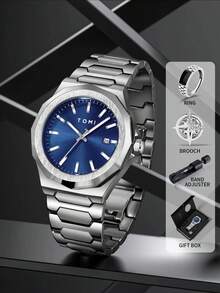 Conjunto de reloj de hombre a batería TOMI con gemelos y anillos, esfera de varilla sencilla, correa de aleación de zinc, reloj de cuarzo con caja de regalo, adecuado para uso diario, eventos de negocios, Día del Padre, regalos del Día de San Valentín - Multicolor - Ver 11
